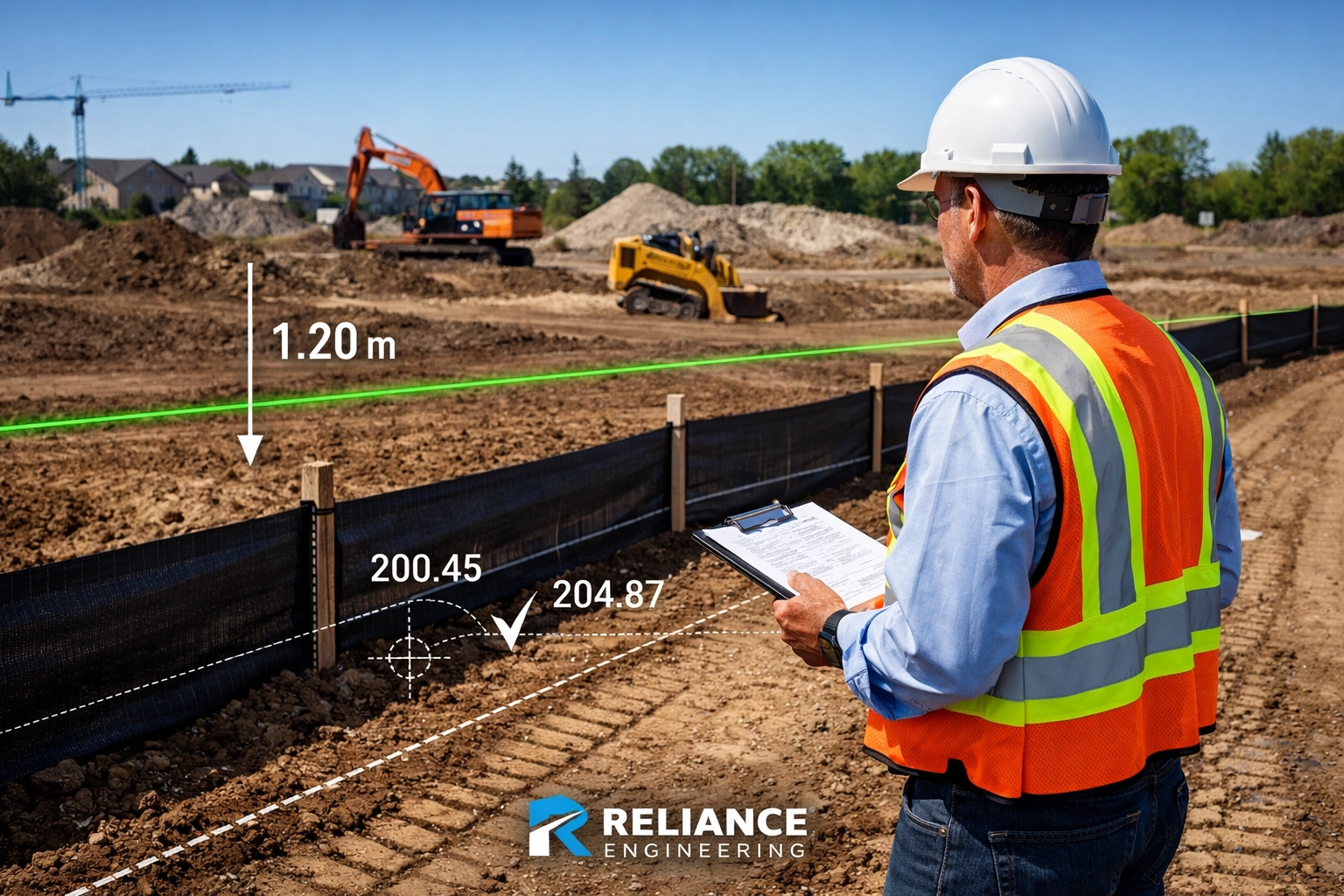 Ontario engineer inspecting site grading and erosion control measures during a final construction field review.