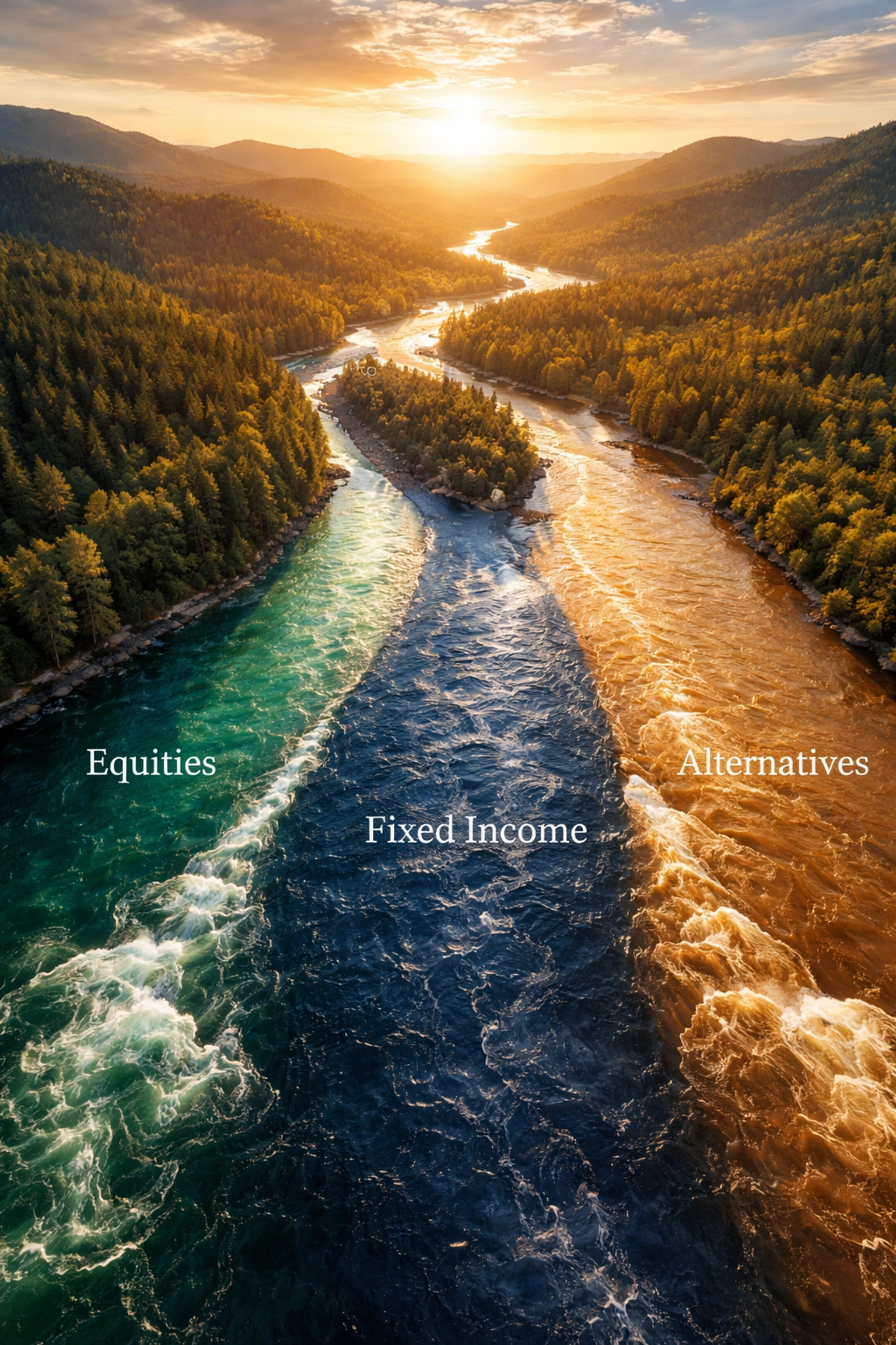 Aerial view of three colored rivers merging, illustrating how stocks, bonds, and alternatives form the 40/30/30 portfolio.