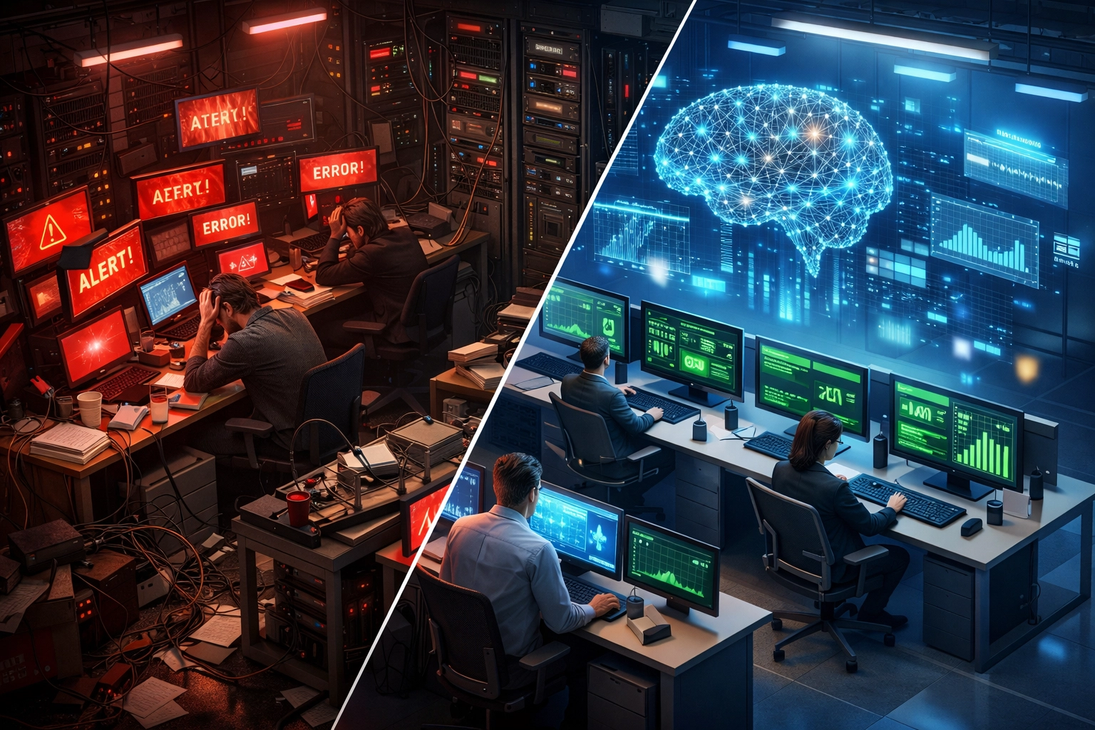 Traditional ITOM chaos vs agentic AI ServiceNow operations showing improved efficiency