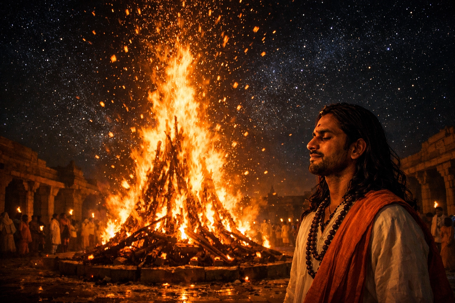 Spiritual ritual bonfire Holika Dahan burning ego and impurities during Holi festival.