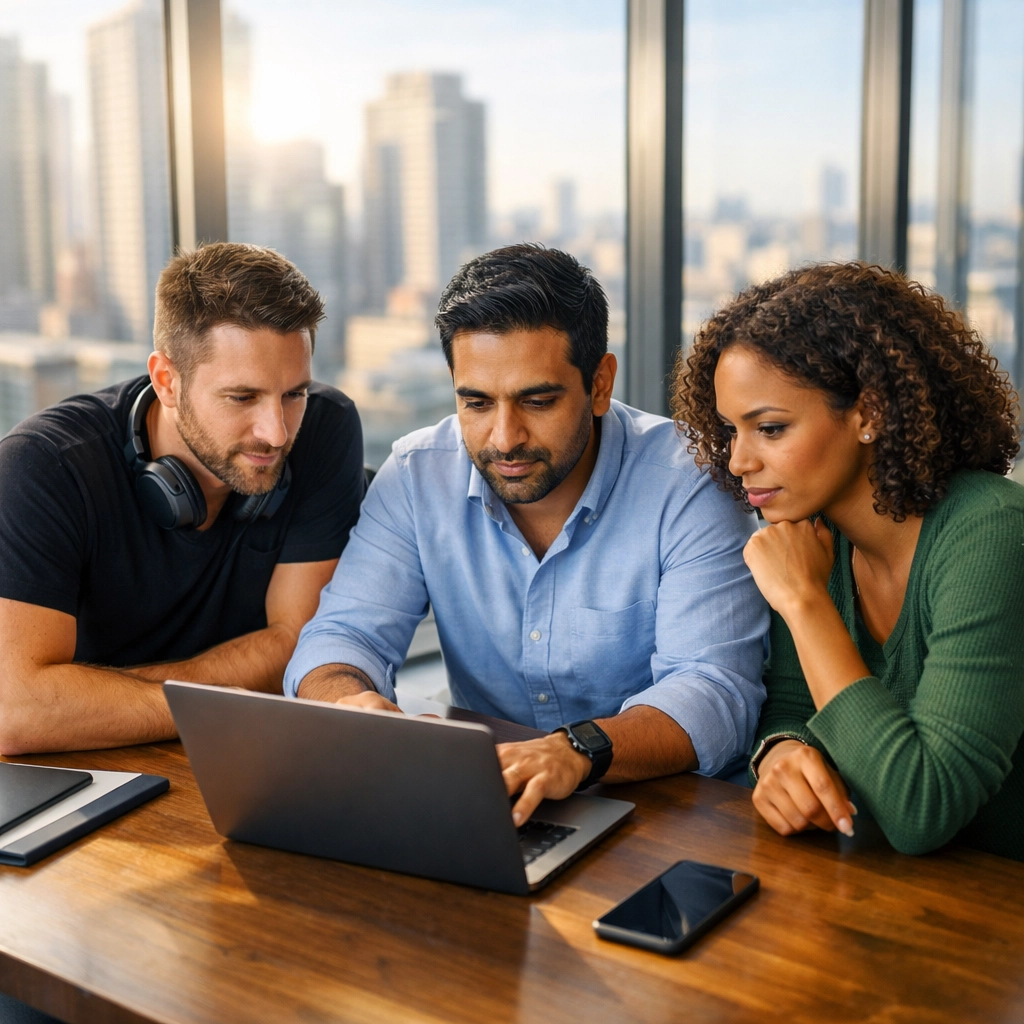 IT consulting team reviewing ServiceNow ITAM licensing costs and ROI strategies in a modern office.