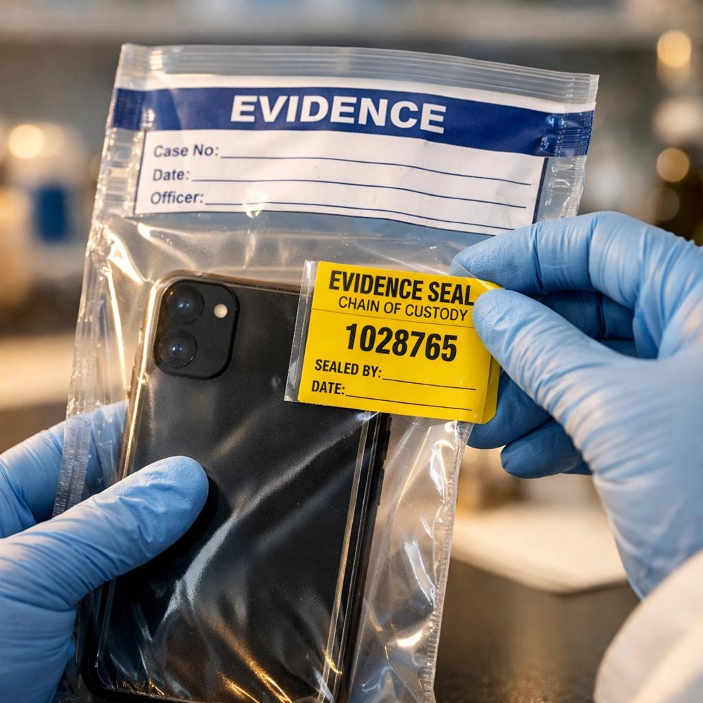 Forensic examiner sealing smartphone evidence bag demonstrating proper digital evidence handling
