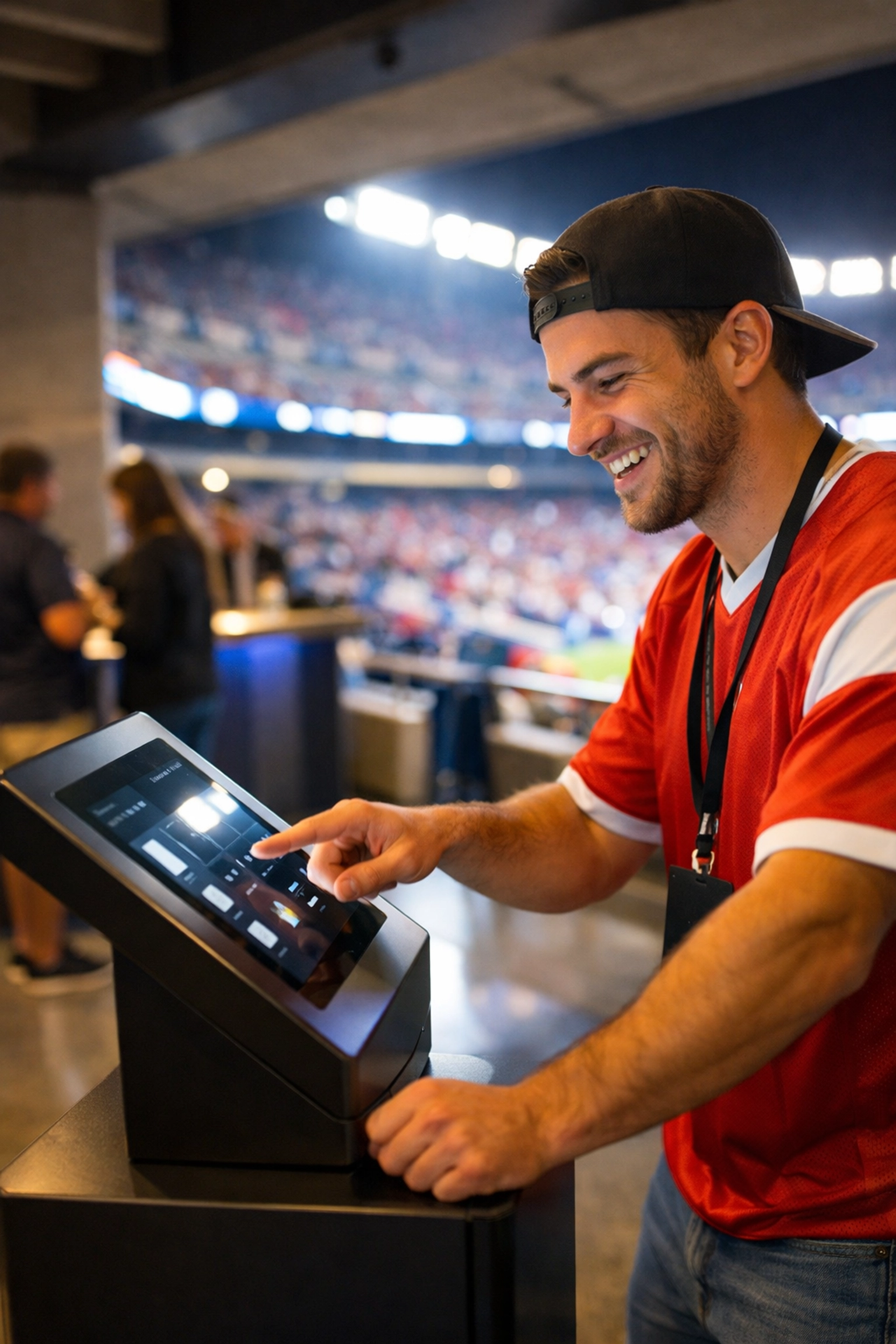 A fan interacting with a digital brand activation kiosk at a stadium for multi-channel sponsorship engagement.