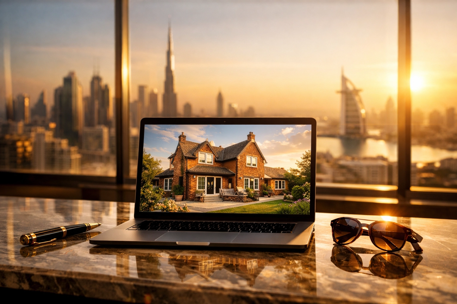 International investor viewing UK property listings on a laptop from an office abroad.