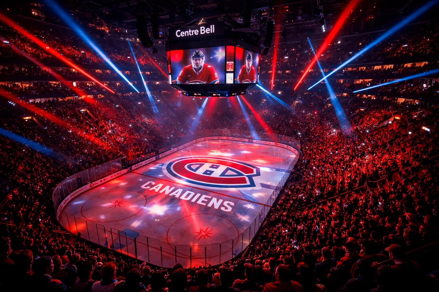 Dramatic pre-game light show and interior view of the packed Bell Centre arena in Montreal.