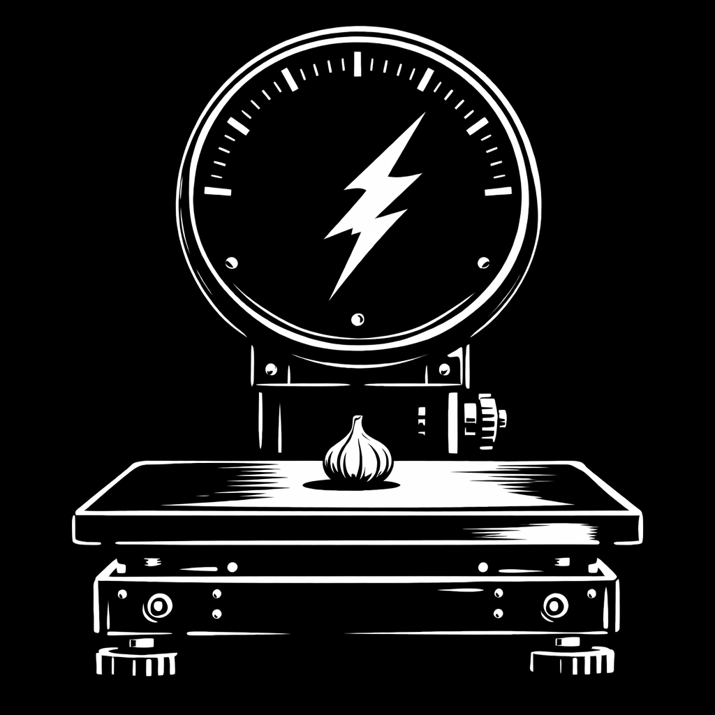 Minimalist graphic of a tiny garlic clove causing a system glitch on a huge checkout scale.