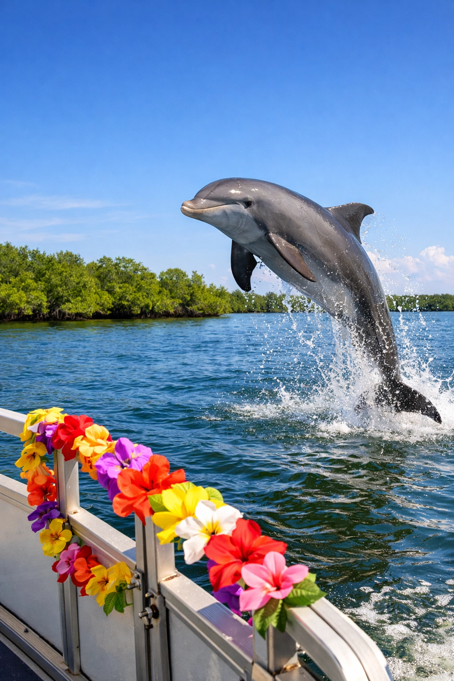 A playful dolphin leaping near a tropical-themed tour boat on the Indian River Lagoon in Cocoa Beach.