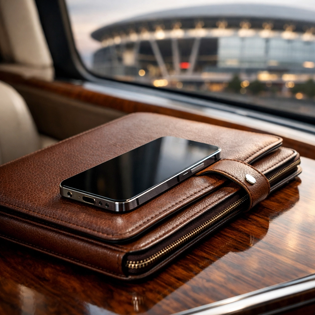 Brand Visibility Matters: How Premium Travel Enhances Your Sports Marketing Strategy Executive travel logistics showing a luxury portfolio and phone with a stadium view through the window.