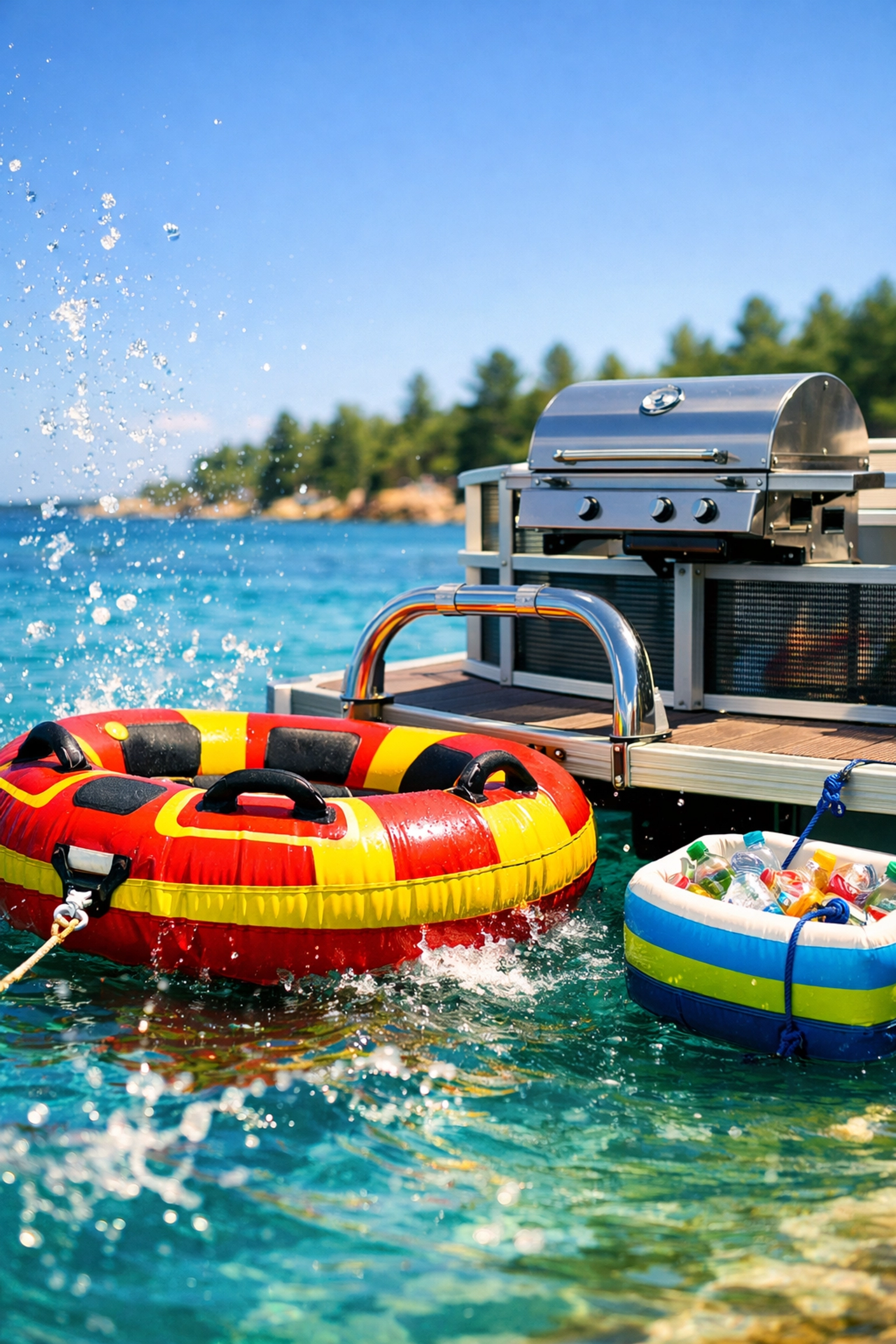 Must-have pontoon boat accessories including an inflatable towable tube and a marine grill.