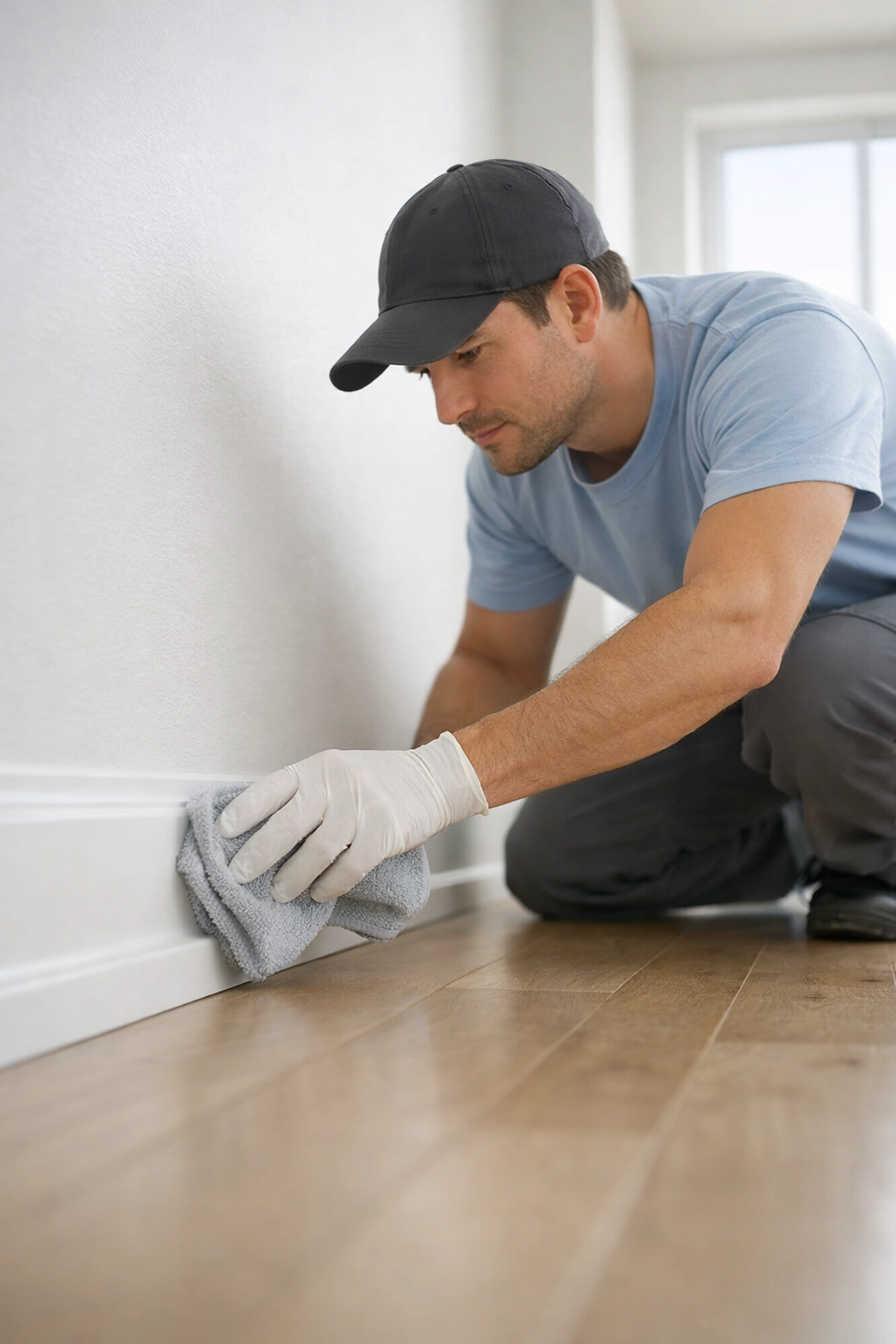 Professional cleaner doing detailed apartment turnover cleaning of baseboards in empty unit