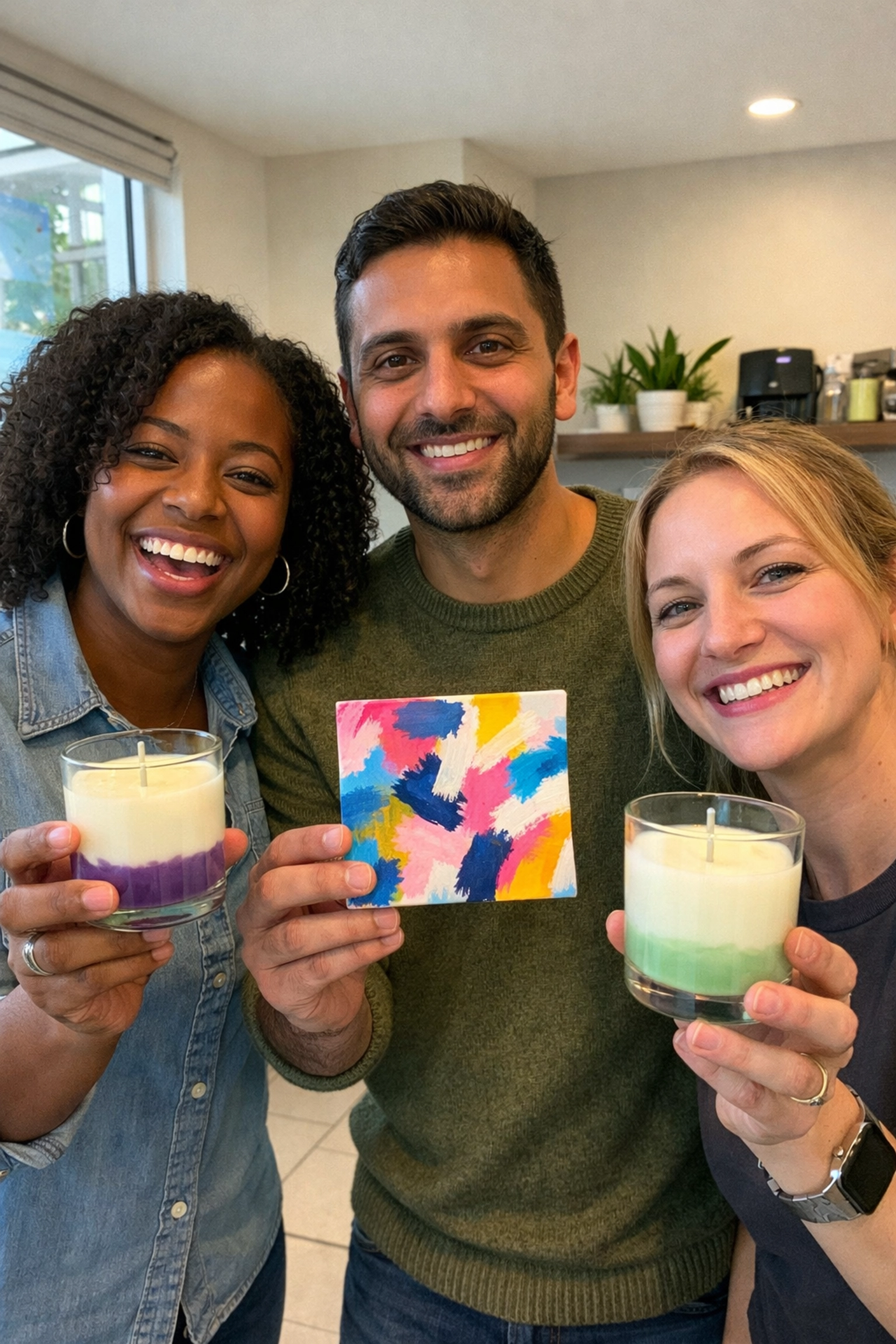 Diverse coworkers proudly holding a hand-poured candle and abstract painting during a DC team building event.
