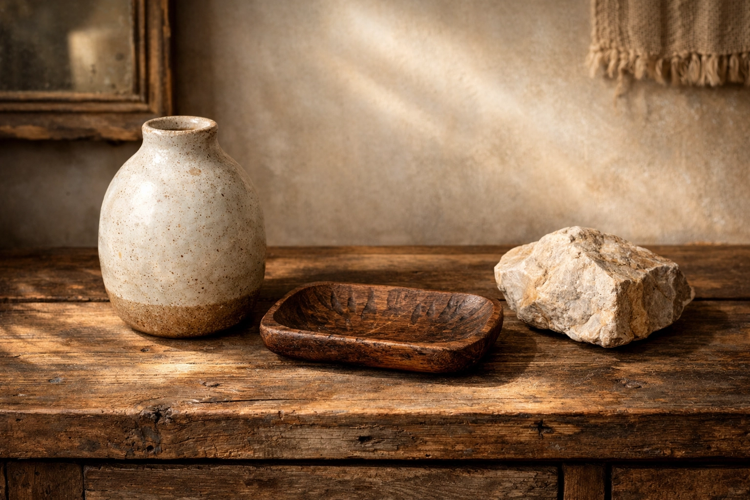 Curated home decor vignette featuring a hand-thrown ceramic vase and carved wooden tray on a reclaimed wood sideboard.