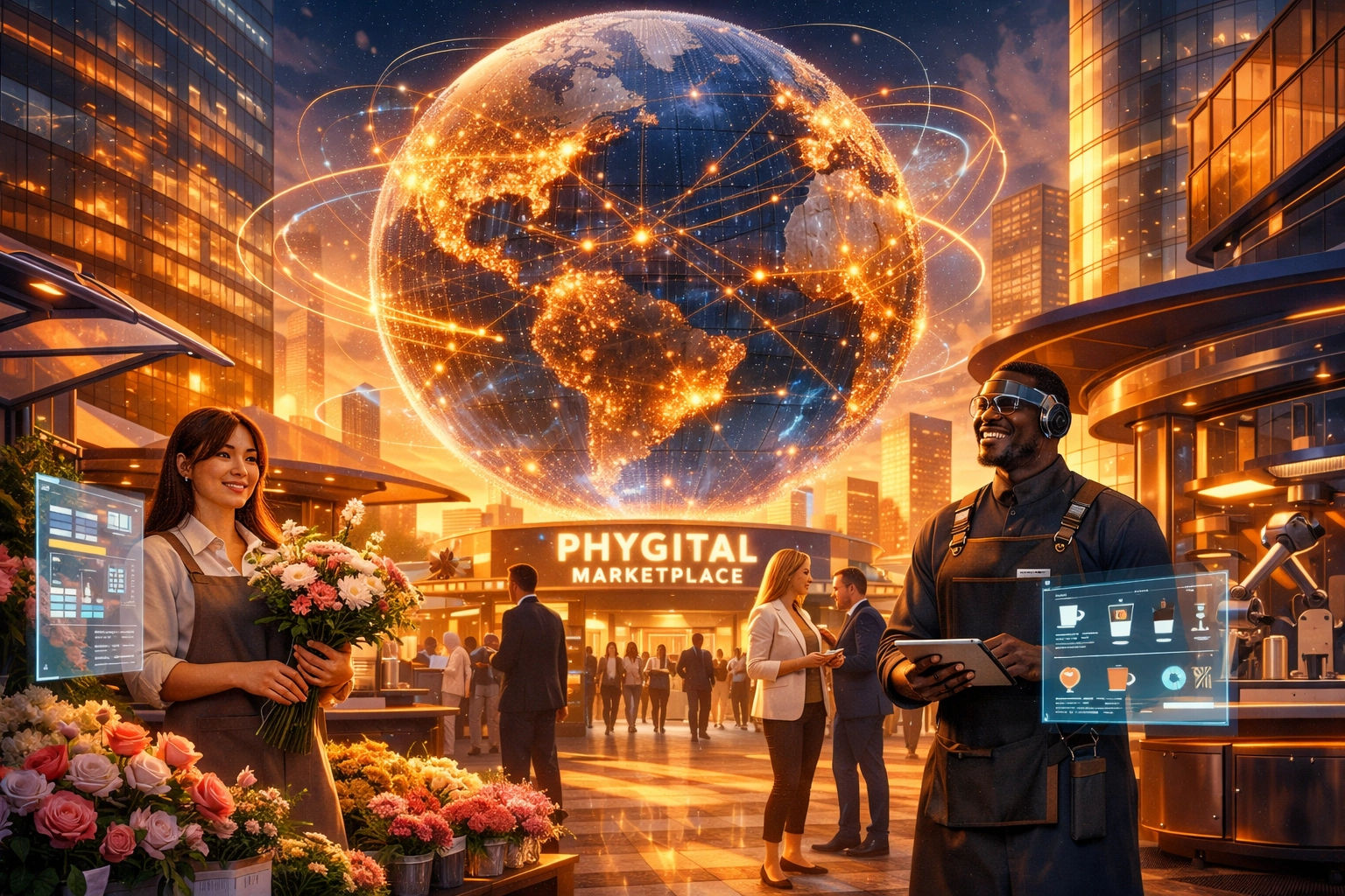 Global merchants using AI and Web3 payments in a modern, connected metaverse marketplace.