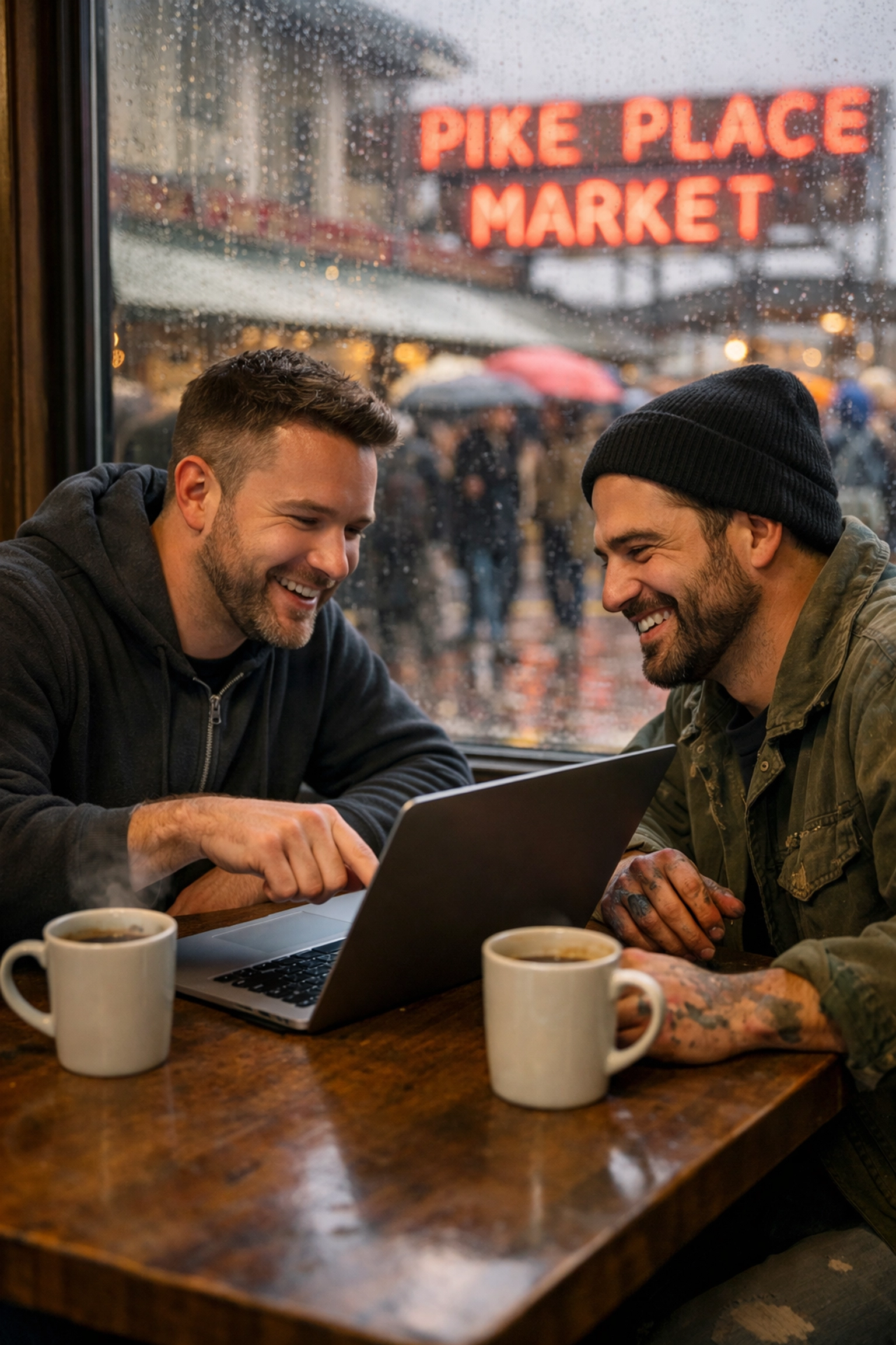 Two men bonding over coffee at Seattle cafe in Pike Place Market - MM romance
