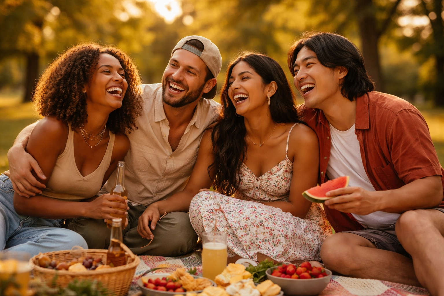 Friends of various identities share joy at a park picnic, representing chosen family and personal support networks.