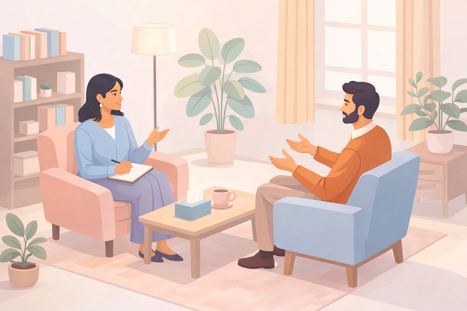 हिंदी में थेरेपी और काउंसलिंग सत्र के दौरान एक सुरक्षित और सहायक वातावरण।