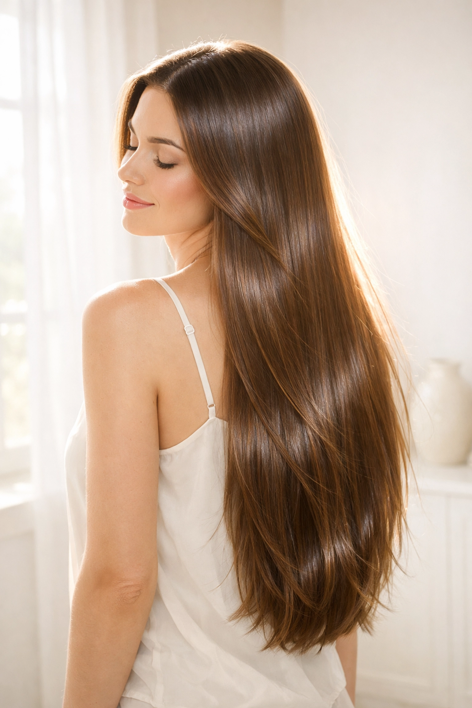 Long glossy hair reflecting natural light after a professional hair treatment at our Concord NH salon.