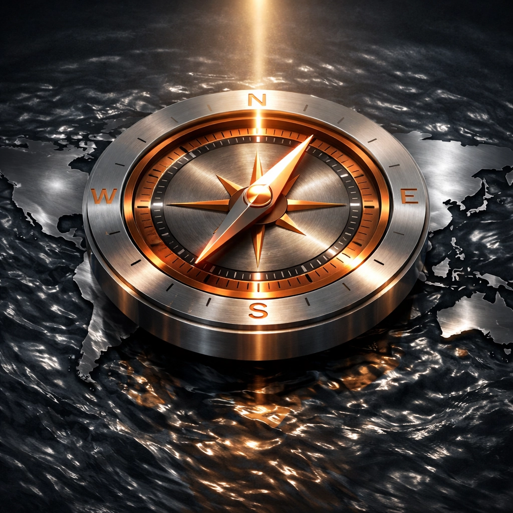 A steady nautical compass over a global map representing risk mitigation and regional market investment pivots.