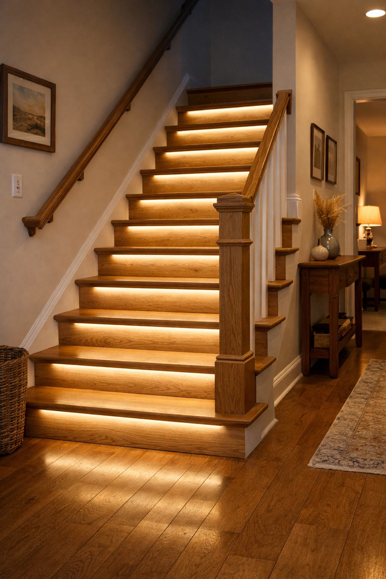 Motion-sensing LED strips under stair treads providing clear visibility and safe illumination at night.