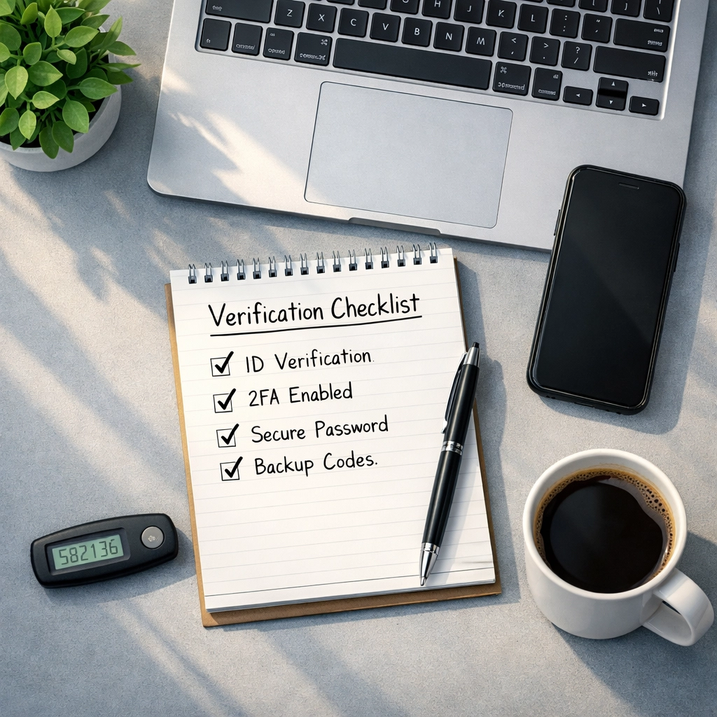 Office workspace with fraud prevention tools including security checklist and authentication device