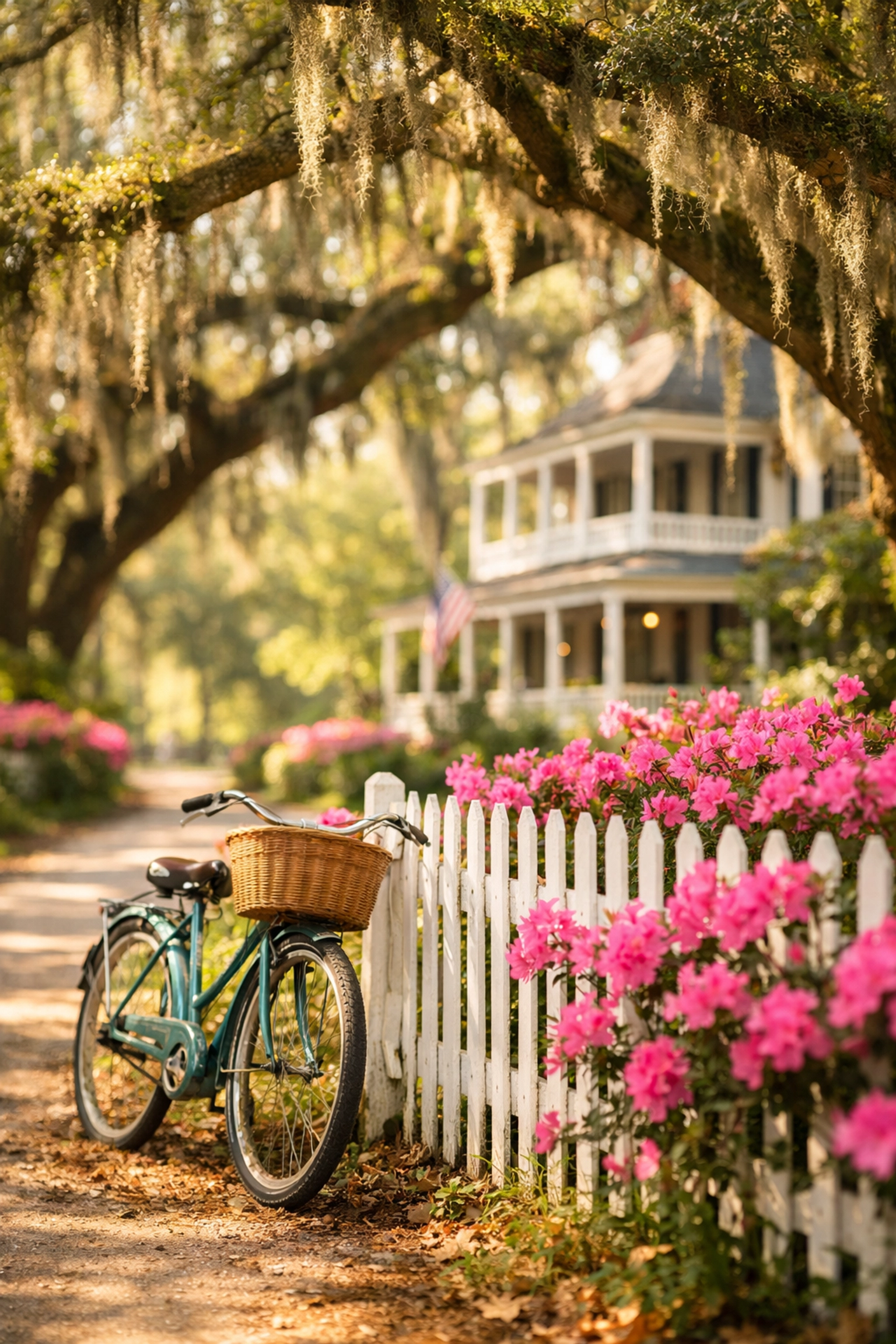 Historic Summerville street with blooming azaleas, Spanish moss, and charming Southern architecture