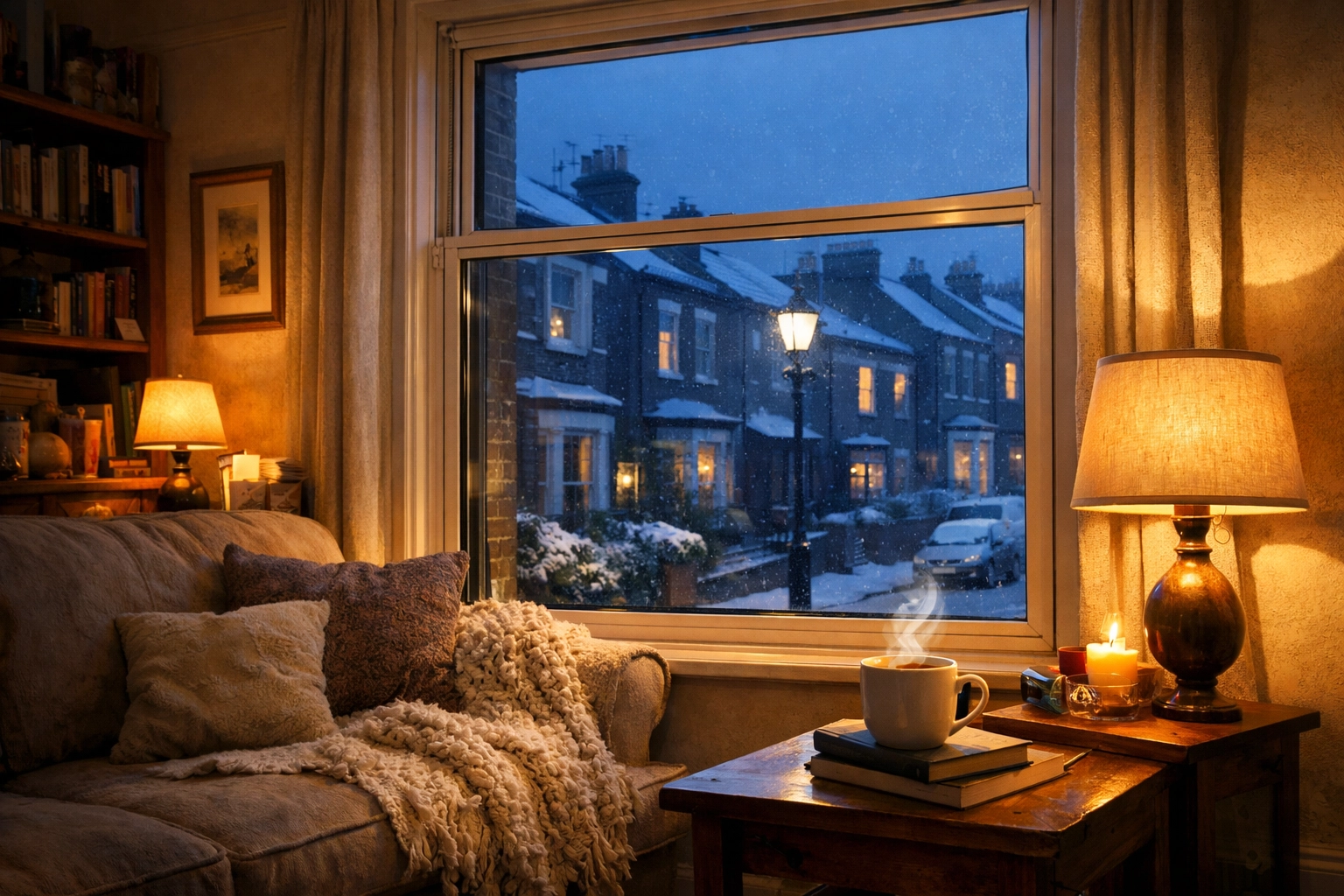Warm living room insulated with soundproof secondary glazing against the cold London winter.