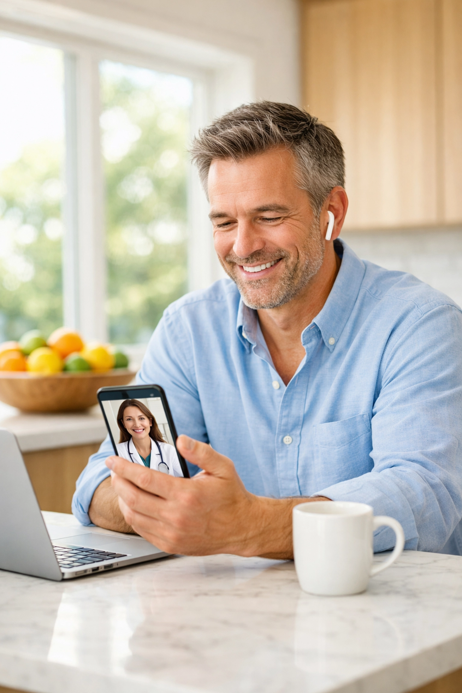 A man using his smartphone for a telemedicine consultation with an online weight loss doctor.
