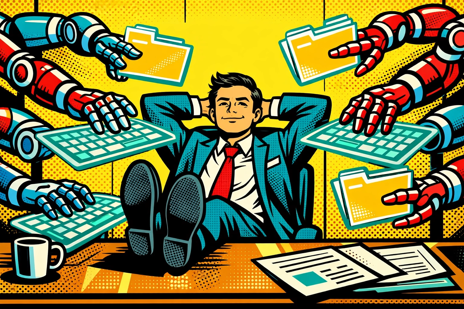 Business owner relaxing while automated robotic arms manage administrative tasks using business automation tools.