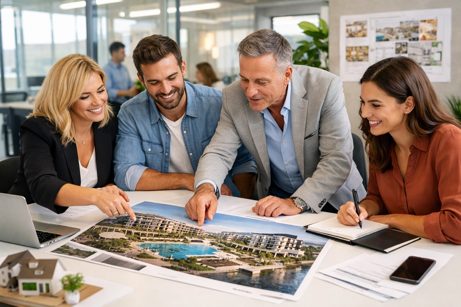Professional realtors in Cape Coral collaborating on a new luxury housing project in an office.