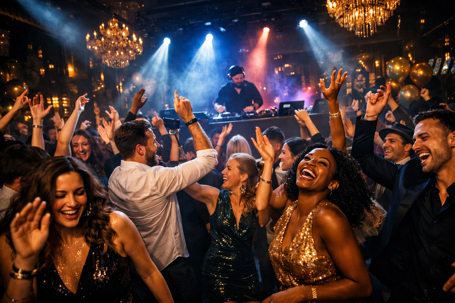 Packed wedding reception dance floor with guests dancing and a professional DJ booth in the background