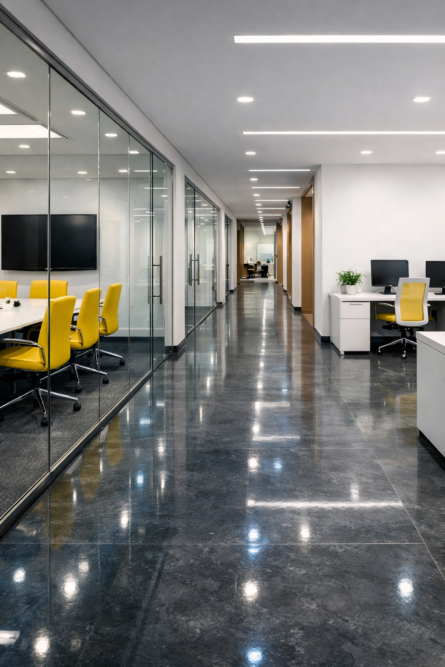A sparkling corporate office hallway showcasing top-tier office cleaning in Westford businesses.