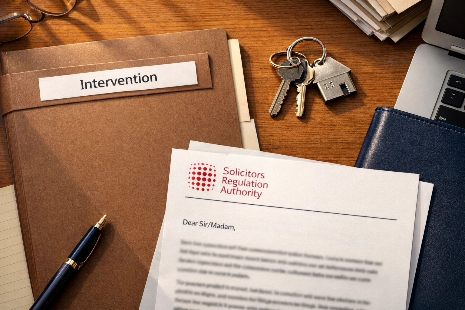 SRA intervention documents and house keys on desk after PM Law conveyancing firm closure