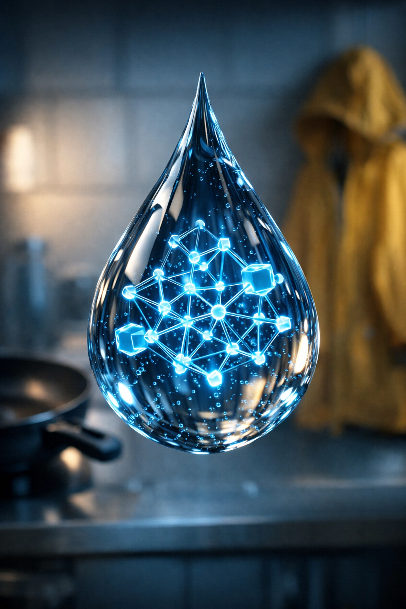 Microscopic PFAS forever chemicals visualized inside a single water droplet in a kitchen.