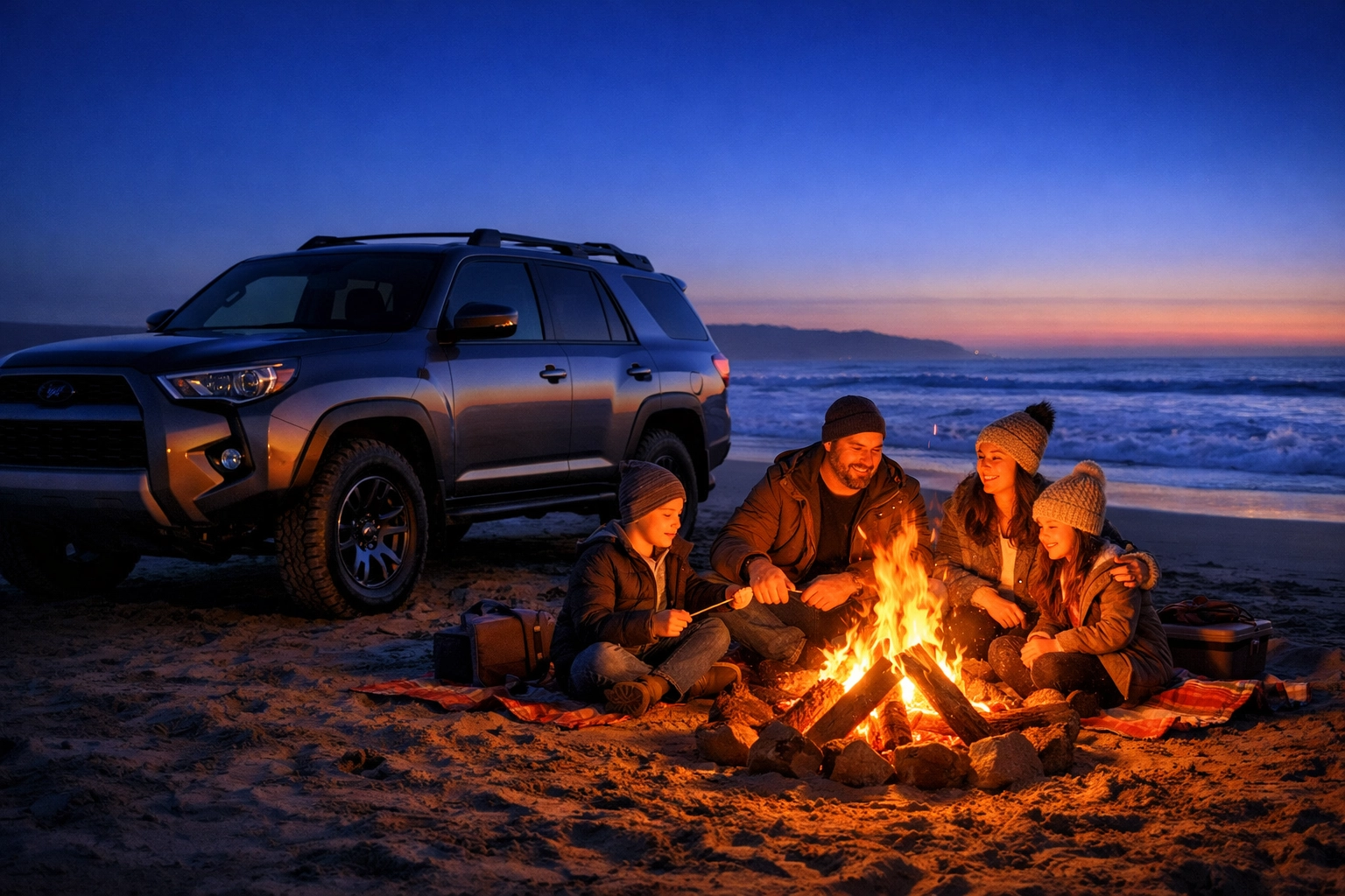 Family bonfire on Grover Beach at twilight, highlighting fun beach travel activities and sunset photography.