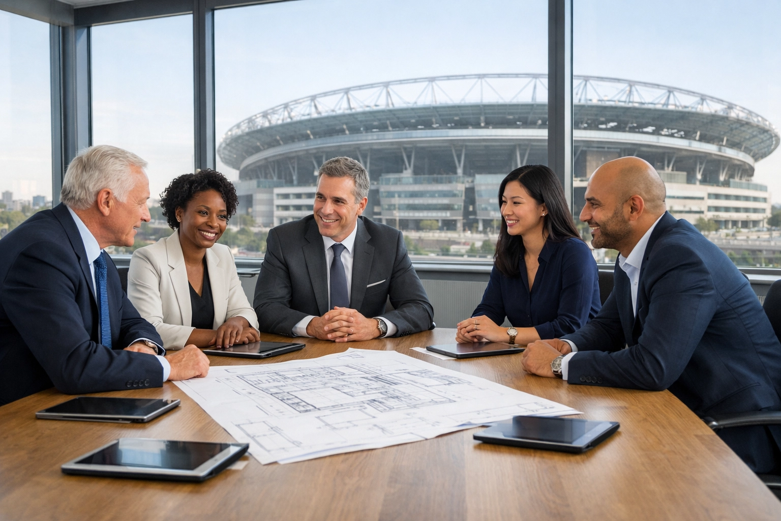 Corporate executives in a modern boardroom planning Super Bowl brand activation and hospitality strategies.