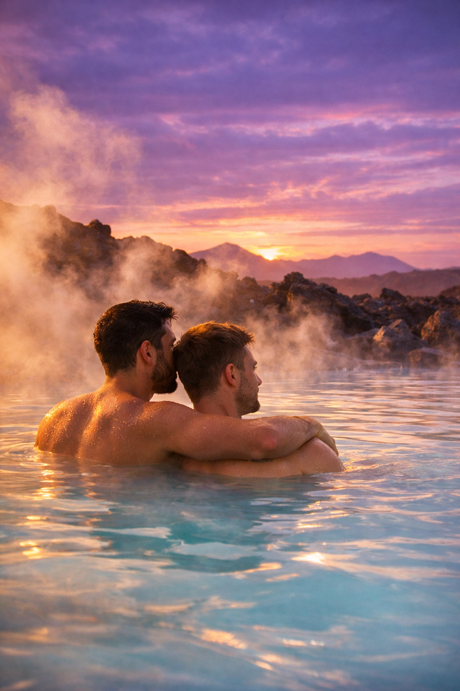 Gay couple relaxing in Mývatn geothermal baths Iceland with volcanic landscape and steam