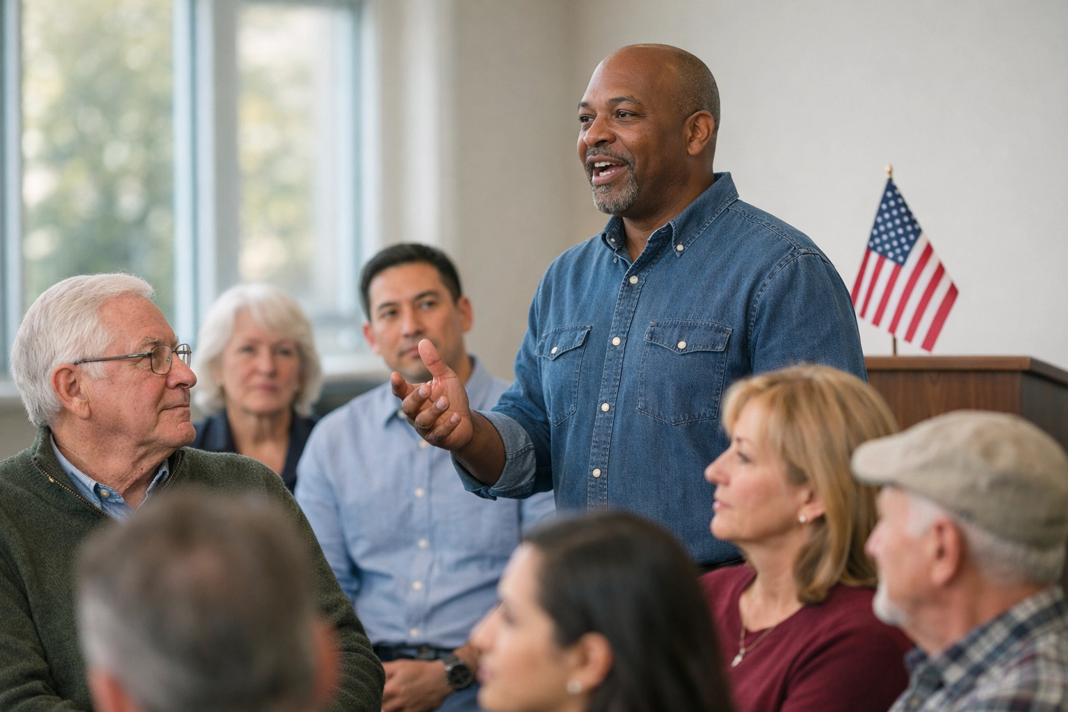 Citizens at a town hall meeting with an American flag, teaching what “Republic” means