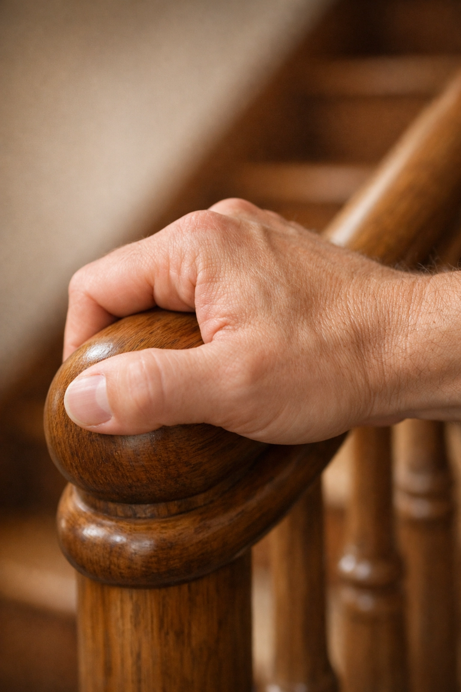 Close-up of a hand using a secure power grip on a rounded wooden handrail