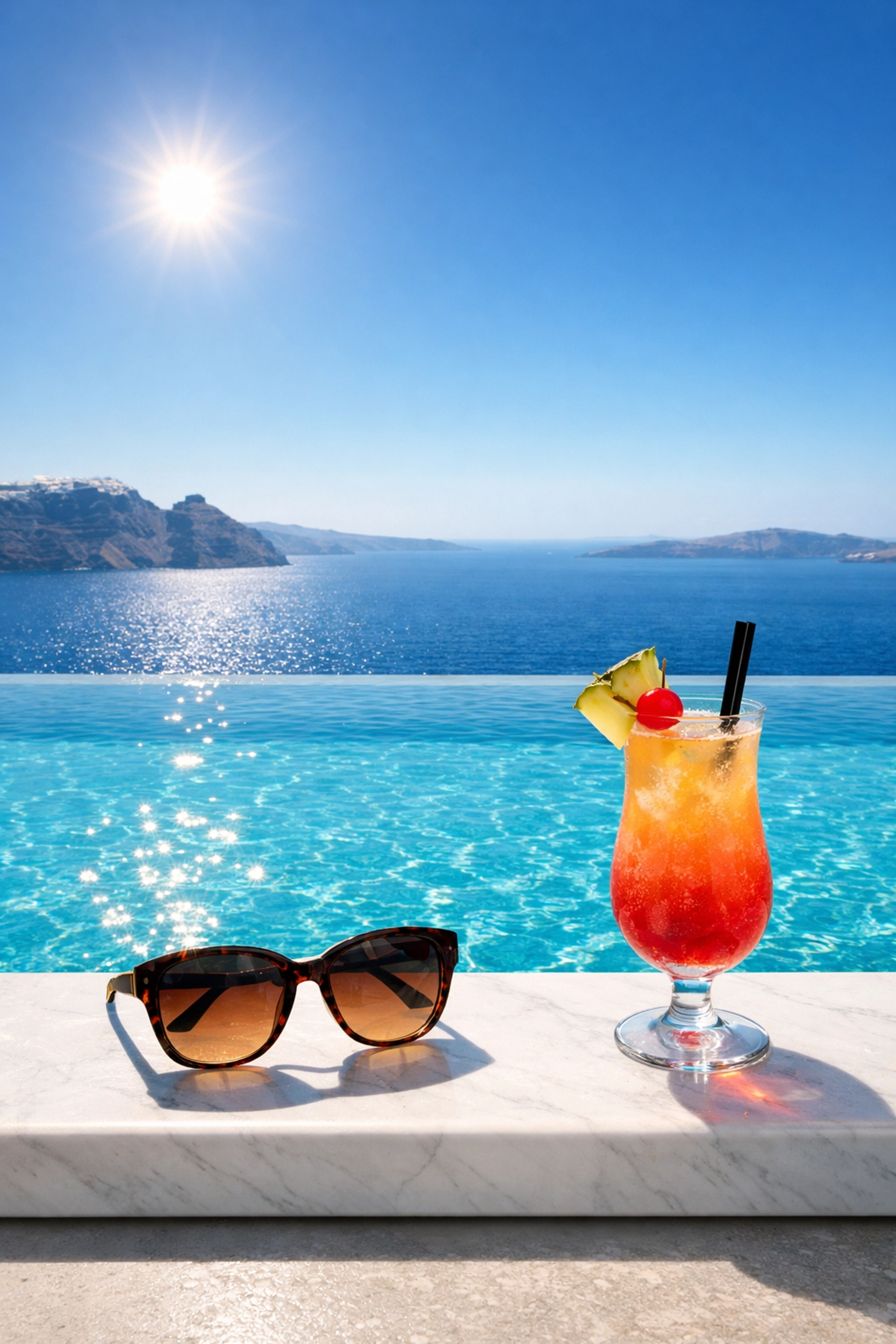 Luxury infinity pool in Santorini overlooking the Aegean Sea, the ultimate frictionless vacation experience.