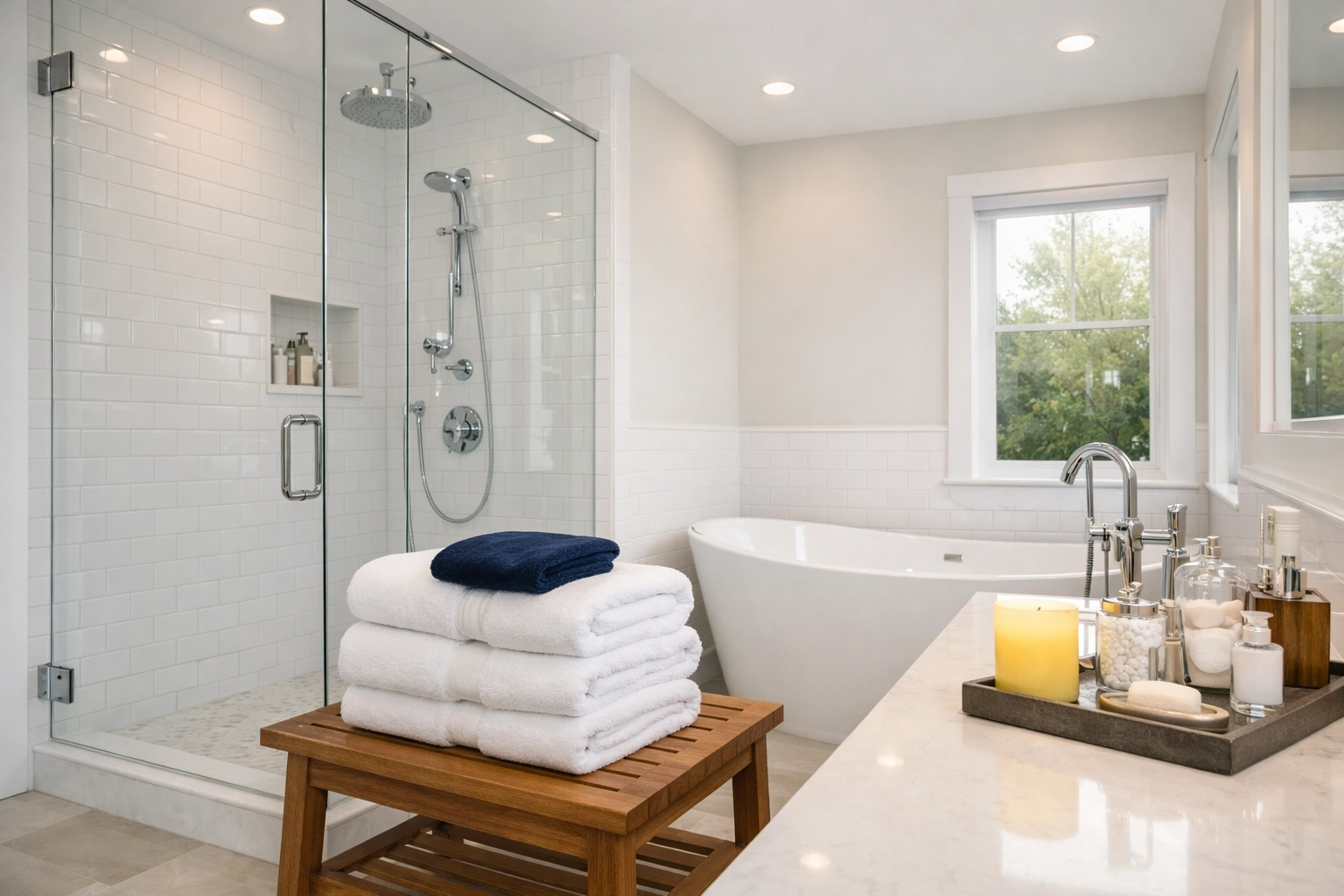 Sanitized luxury master bathroom showing detailed results of customized house cleaning Shirley MA services.