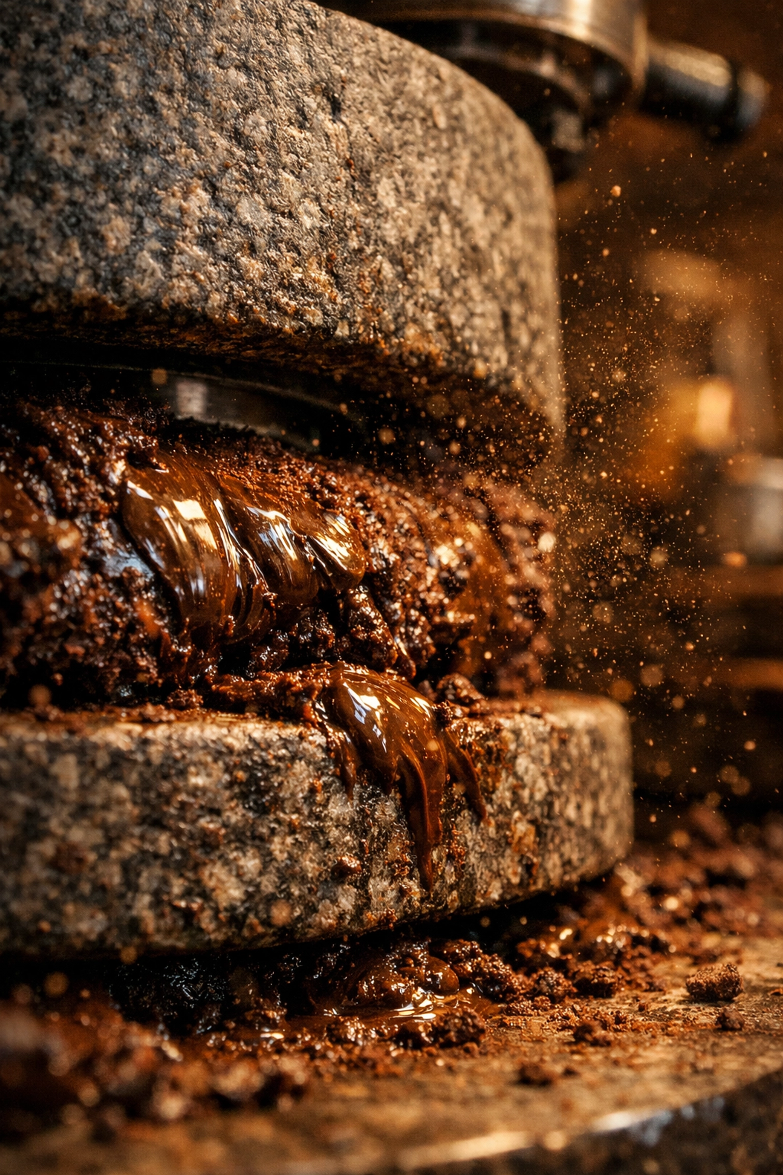 Granite stone wheels grinding dark chocolate showing fine particle size in artisan workshop