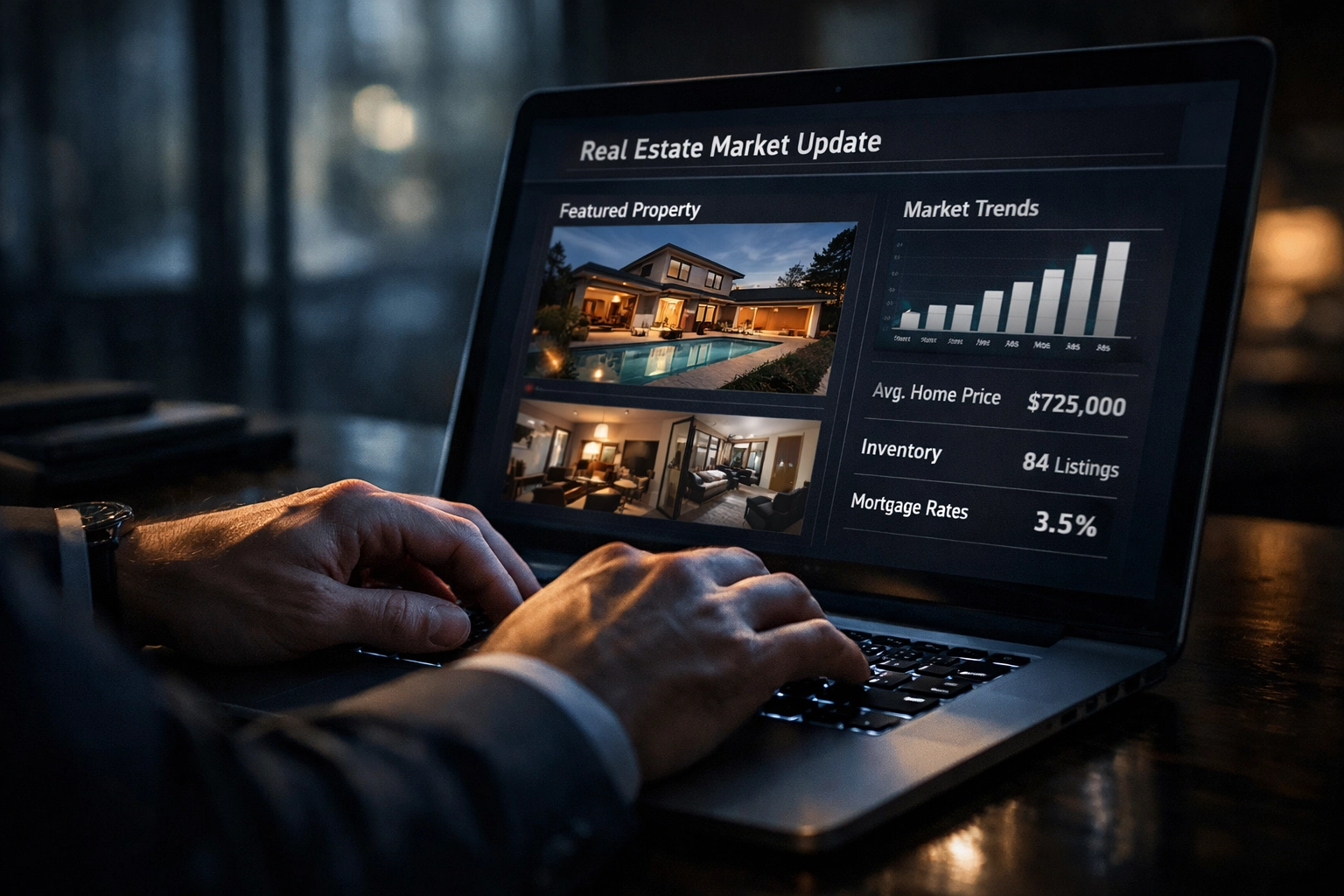 Real estate agent creating email newsletter on laptop with property listings and market data