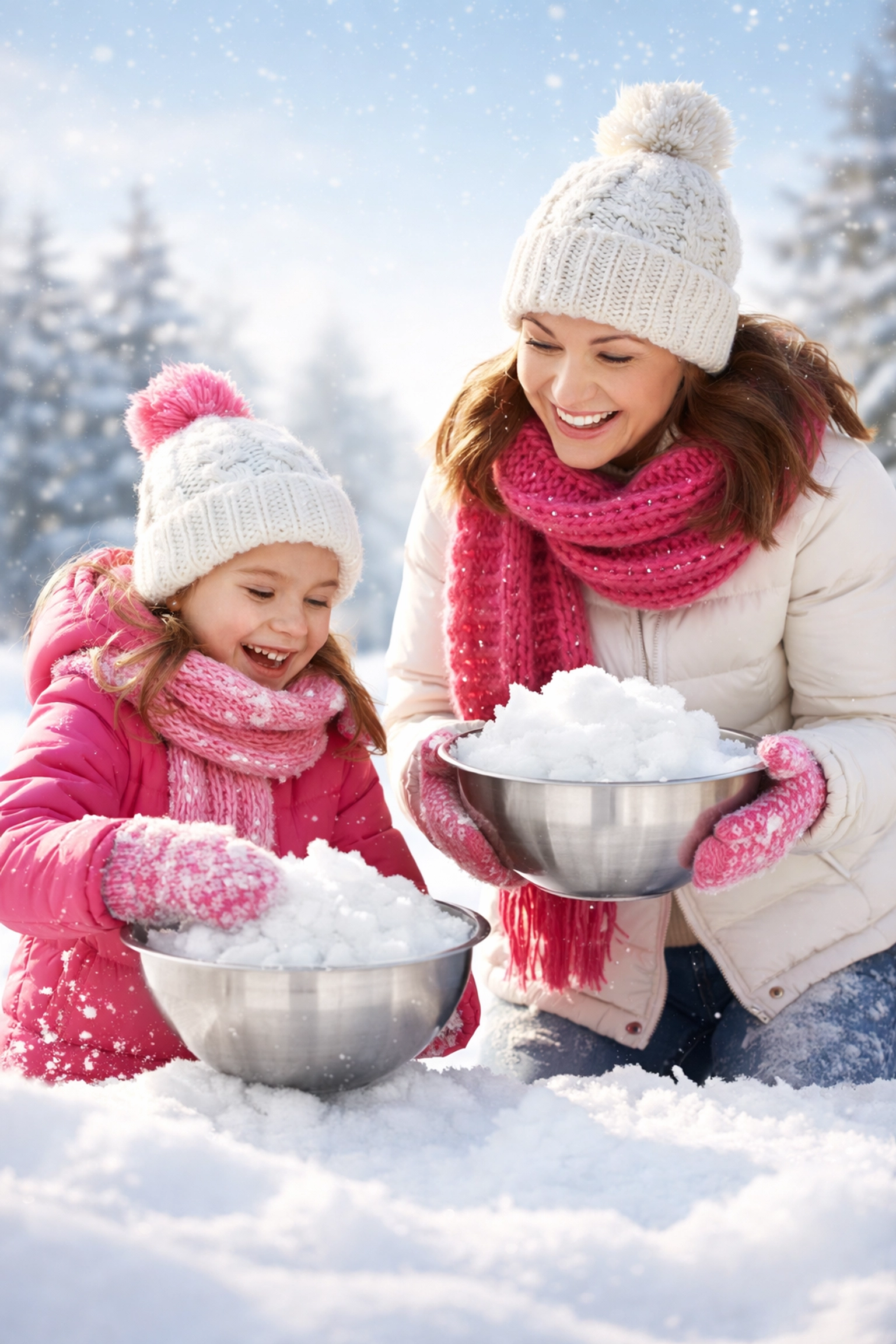 Mother and child collecting fresh clean snow in metal bowls for homemade snow cream