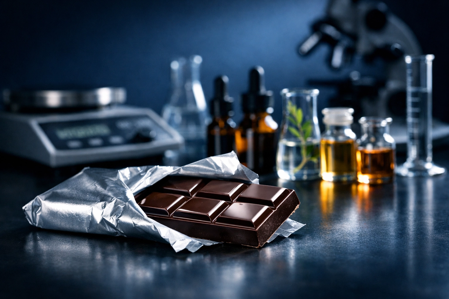 Premium chocolate bar with botanical extracts and laboratory equipment showing quality ingredient formulation