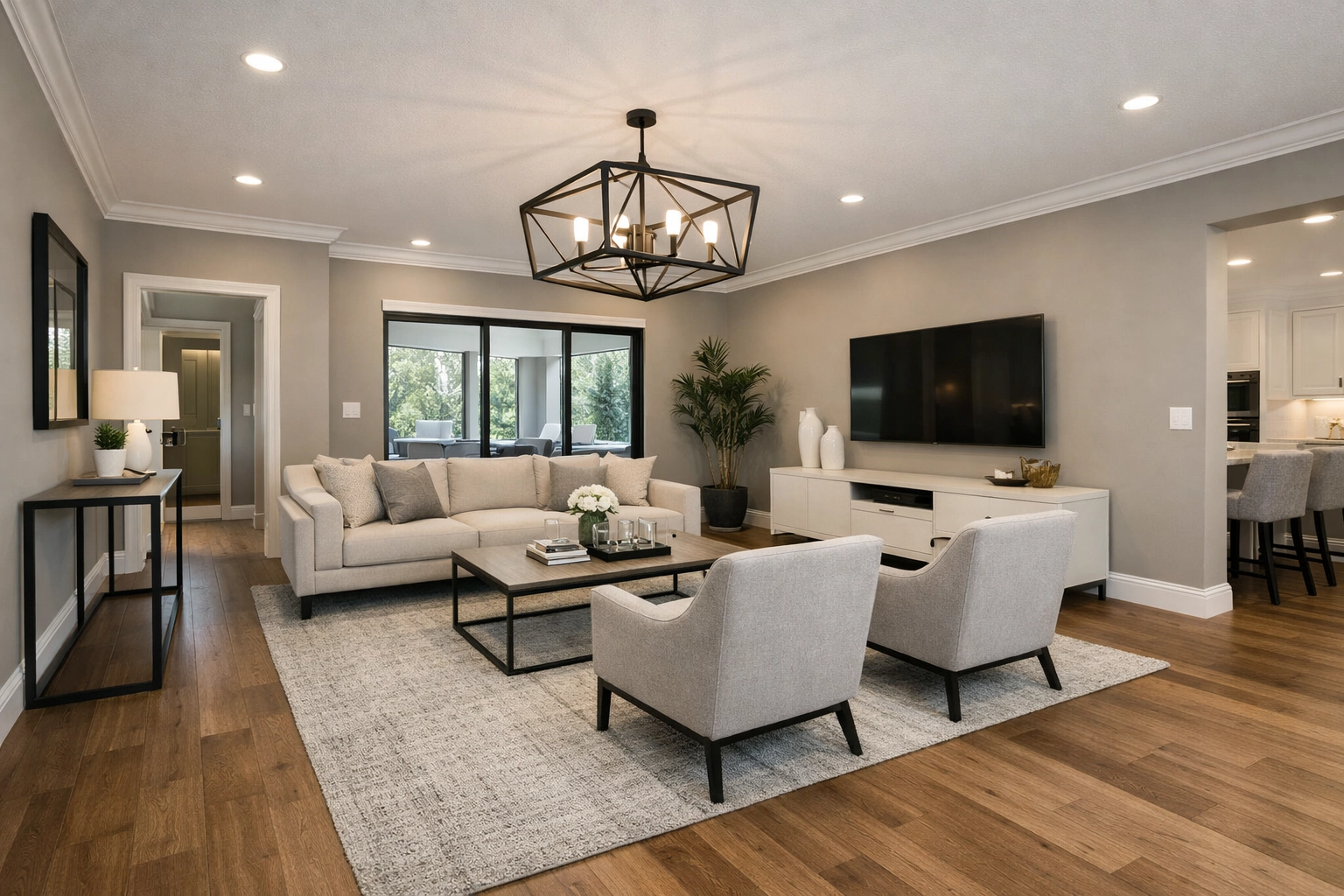 Professional home remodeling in Orlando showcasing new hardwood flooring and a modern living room design.