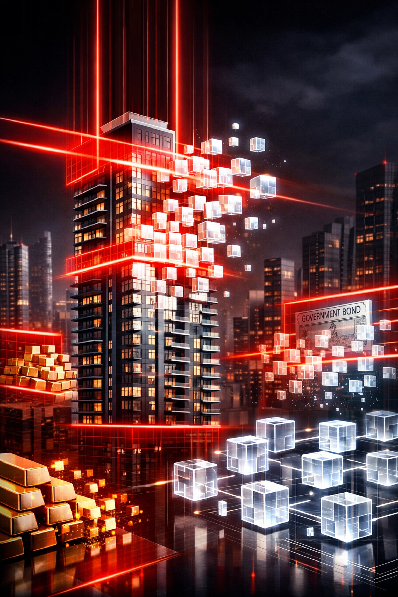 Real-world asset tokenization of a building into digital blocks on a blockchain ledger for institutional finance.