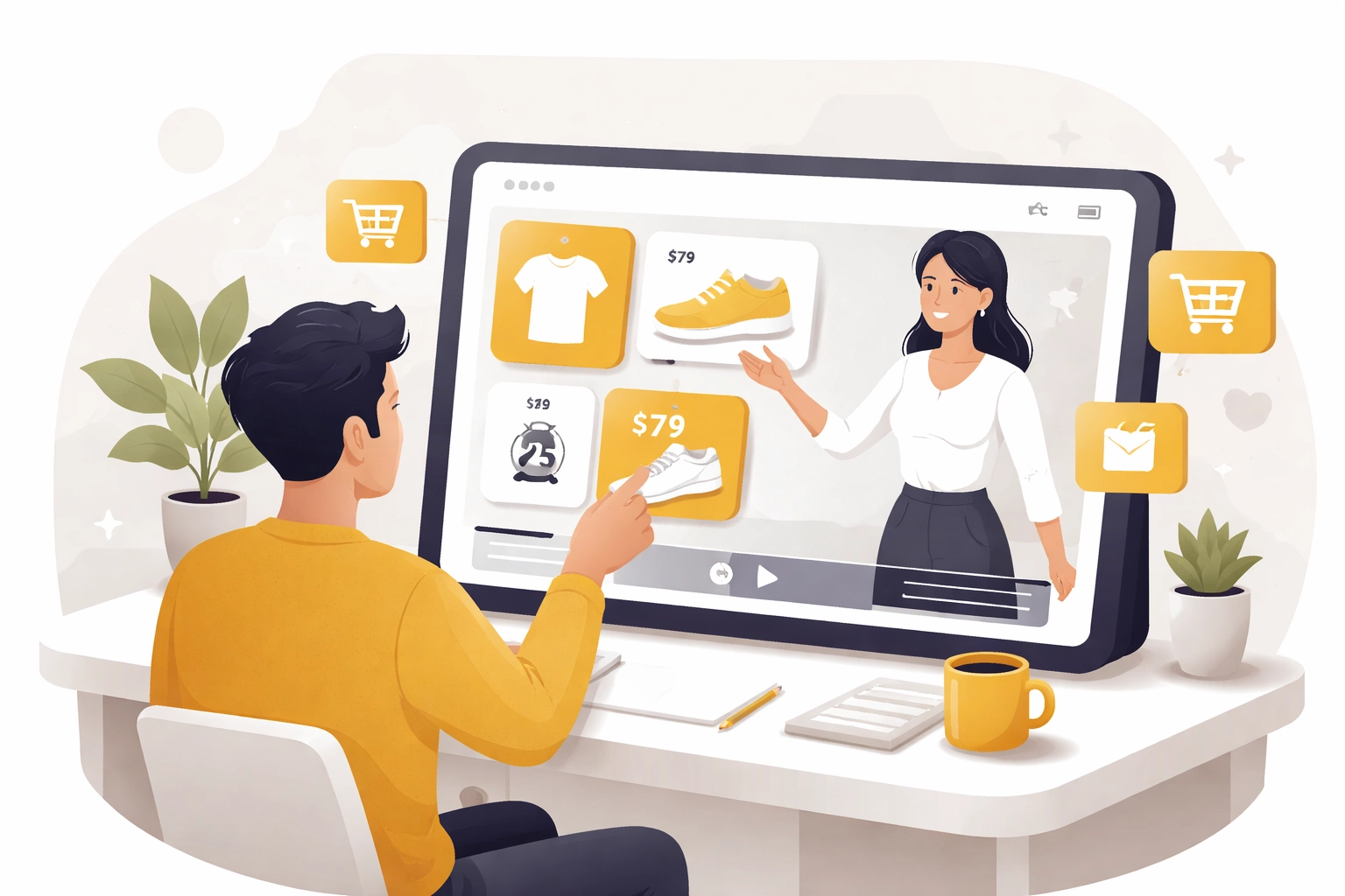 Person using shoppable video on a tablet with clickable product tags, illustrating interactive sales presentations