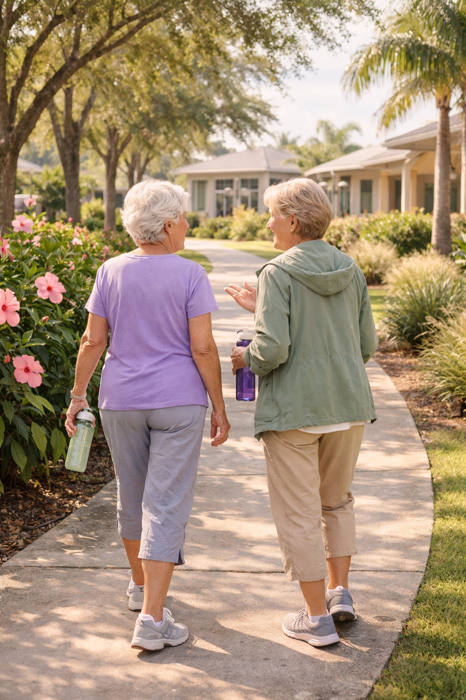 Active seniors walking together on landscaped path at Sarasota retirement community
