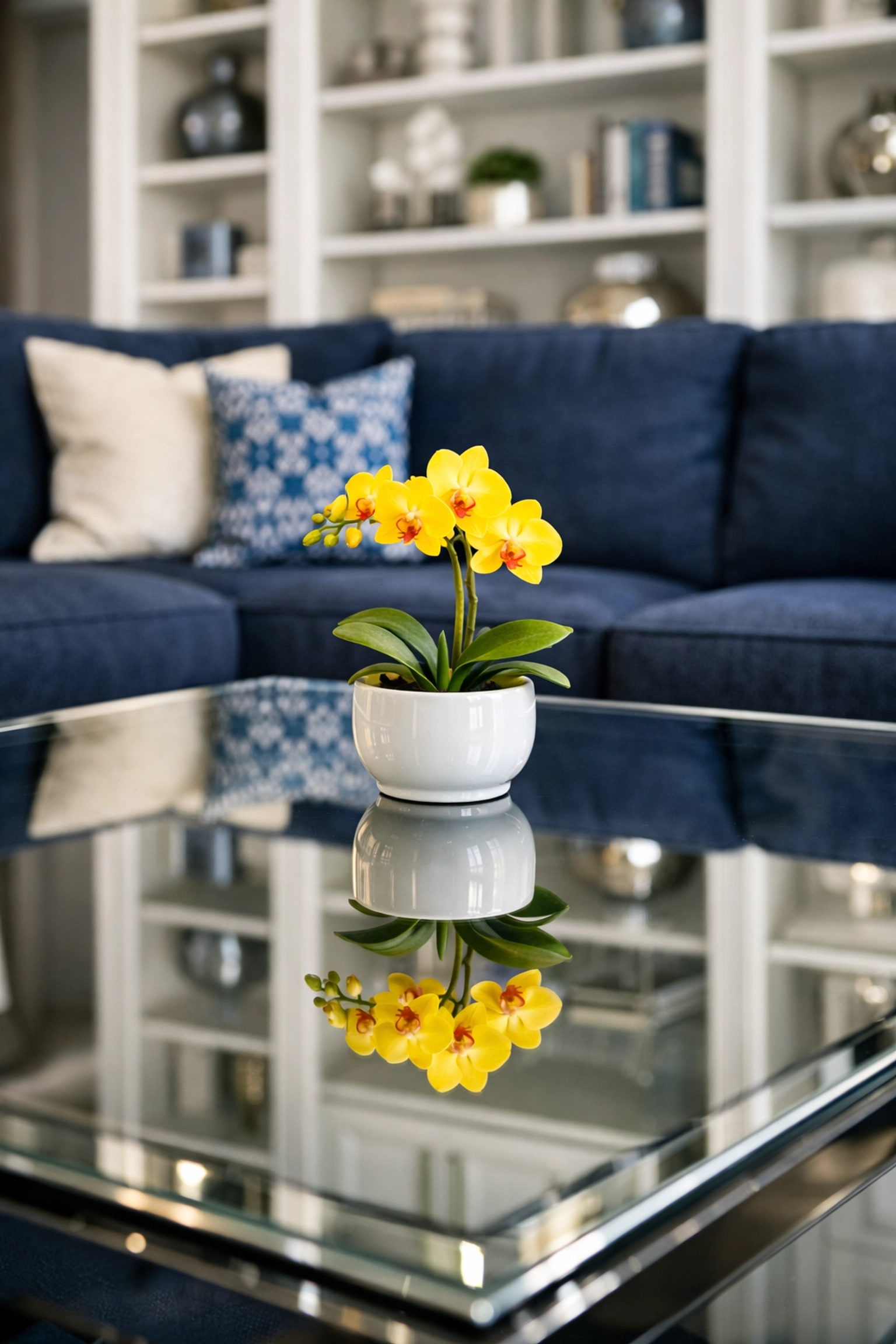 Detail of a streak-free glass table and clean living room by residential cleaning Massachusetts experts.