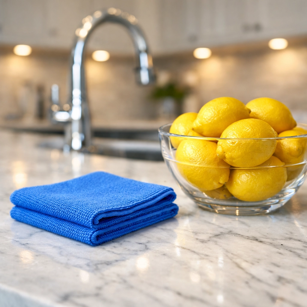 Polished marble kitchen surfaces showcasing the detail-oriented luxury house cleaning Framingham MA standards.
